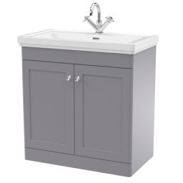 Balterley Bathroom Floor 2-Door Vanity Unit & Fireclay Basin, Satin Grey, 800mm in Grey - thumbnail 1