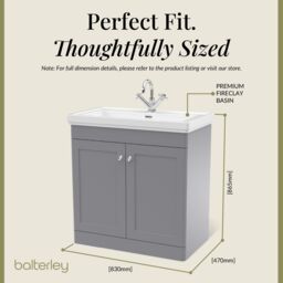 Balterley Bathroom Floor 2-Door Vanity Unit & Fireclay Basin, Satin Grey, 800mm in Grey - thumbnail 5