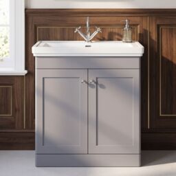 Balterley Bathroom Floor 2-Door Vanity Unit & Fireclay Basin, Satin Grey, 800mm in Grey - thumbnail 9