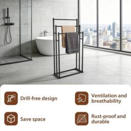 KORVIXA Freestanding Towel Rack, 3-Tier Steel Towel in Black - Size: W600mm x H600mm - thumbnail 5