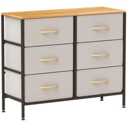 HOMCOM 6 Drawer Fabric Chest of Drawers w/ Wooden Top for Hallway Cream in Off-White - thumbnail 2