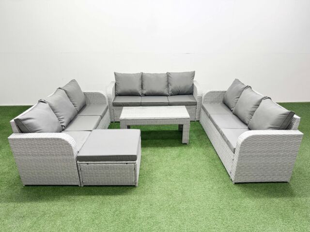 Fimous PE Rattan Lounge Sofa Set 10 Seater Outdoor Garden Furniture Set with Oblong Coffee Table 3 Seater Sofa Big Footstool Light Grey - image 1