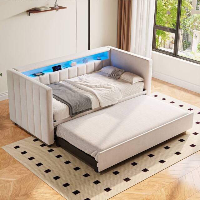 Direct Wicker Multifunctional Pull-out Sofa Bed with USB-Type-C port, LED lighting in Beige - Size: Single - image 1