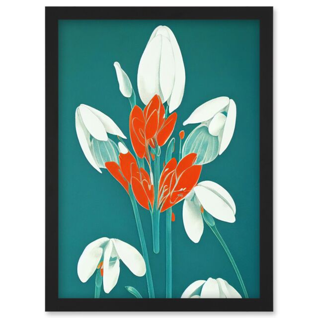 Artery8 Abstract Snowdrops Red Flowers on Teal Retro Mid Century Style Artwork Framed Wall Art Print A4 in Black - image 1