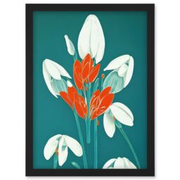 Artery8 Abstract Snowdrops Red Flowers on Teal Retro Mid Century Style Artwork Framed Wall Art Print A4 in Black - thumbnail 1