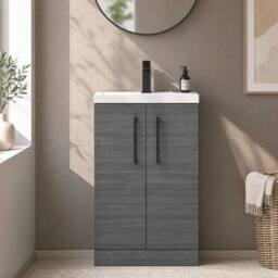Balterley Bathroom Vanity Basin Unit, Black Handles, 500mm, Wood Grey - thumbnail 8