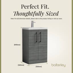 Balterley Bathroom Vanity Basin Unit, Black Handles, 500mm, Wood Grey - thumbnail 5