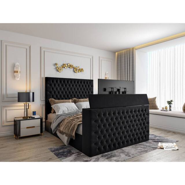 KDMD Capella Upholstered Soft Velvet Black TV Bed Frame - Size: Single - image 1