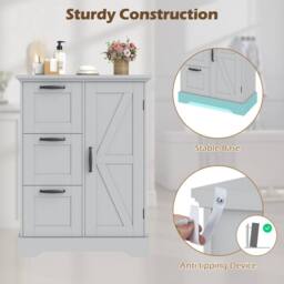 Costway Floor Cabinet Farmhouse Accent Cabinet w/Barn Door & 3 Storage Drawers in Grey - thumbnail 4