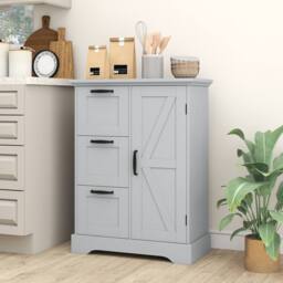 Costway Floor Cabinet Farmhouse Accent Cabinet w/Barn Door & 3 Storage Drawers in Grey - thumbnail 7