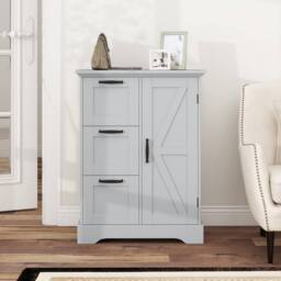Costway Floor Cabinet Farmhouse Accent Cabinet w/Barn Door & 3 Storage Drawers in Grey - thumbnail 8