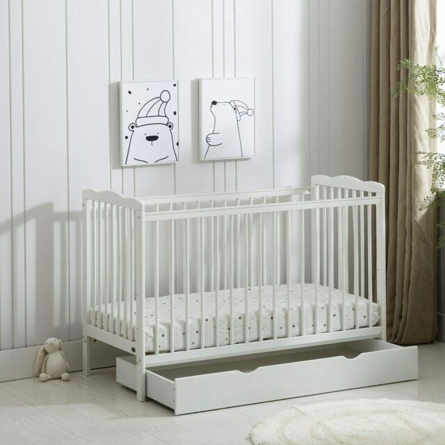 MCC Direct CozyCubs Wooden Baby Cot Bed Crib With Mattress & Drawer Brooklyn in White - Size: 1 Pack