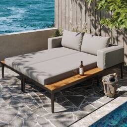 Matteo Modular Outdoor Double Chaise Lounge, Waterproof Cushions in Grey - thumbnail 1