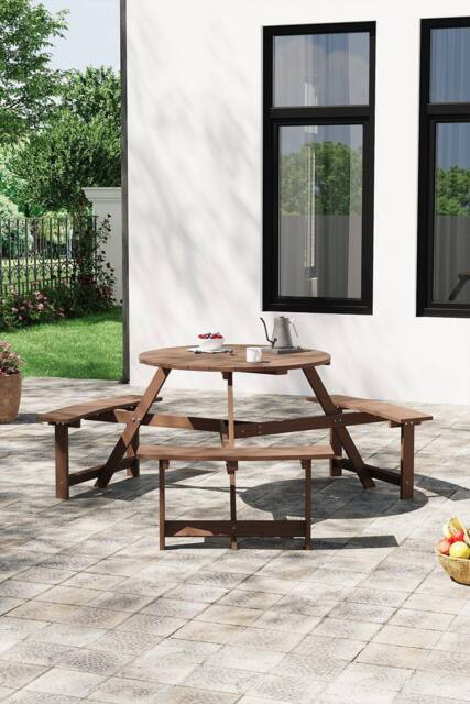 Garden Sanctuary 6-Seat Outdoor Round Wood Picnic Table & Bench Set in Brown - image 1