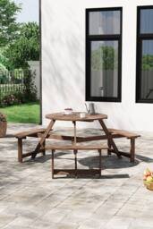 Garden Sanctuary 6-Seat Outdoor Round Wood Picnic Table & Bench Set in Brown