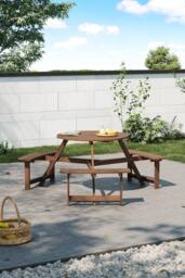 Garden Sanctuary 6-Seat Outdoor Round Wood Picnic Table & Bench Set in Brown - thumbnail 2