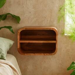Wyld Haus Assisi Oak Mango Wood Floating Bedside Shelf Open Curve Wall Mounted in Brown