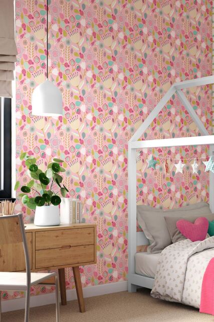Hoopla Walls Folk Floral 10m Matt Wallpaper in Pink - image 1