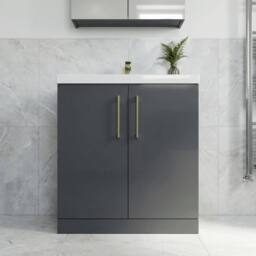 Balterley Contemporary Bathroom Floor 2-Door Vanity Unit Basin, Dark Grey, 800mm in Grey - thumbnail 3