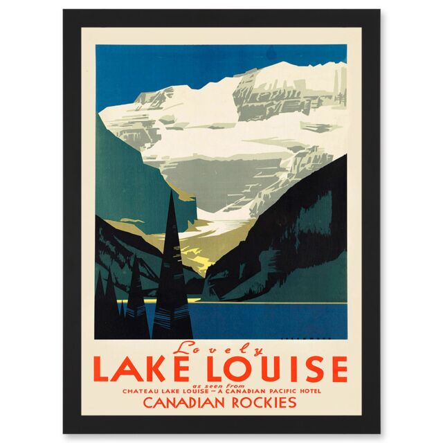 Artery8 Vintage Travel Advert Tourism Lovely Lake Louise Canada Rockies Artwork Framed Wall Art Print A4 in Black - image 1
