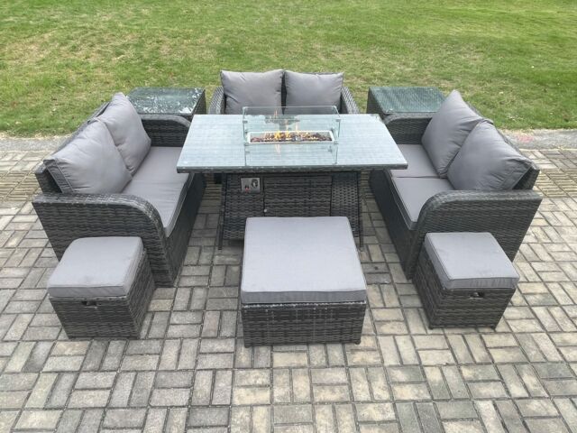 Fimous Outdoor Rattan Furniture Garden Dining Set Gas Fire Pit Table with 2 Side Tables Love Sofa 3 Footstools Dark Grey Mixed - image 1