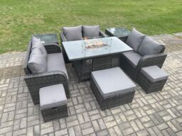 Fimous Outdoor Rattan Furniture Garden Dining Set Gas Fire Pit Table with 2 Side Tables Love Sofa 3 Footstools Dark Grey Mixed - thumbnail 3