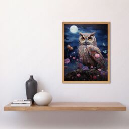 Artery8 Wall Art Print Majestic Owl Portrait Oil Painting Great Horned Purple Pink Blue Full Moon in Spring Meadow with Wildflowers Art Framed - thumbnail 2