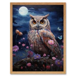 Artery8 Wall Art Print Majestic Owl Portrait Oil Painting Great Horned Purple Pink Blue Full Moon in Spring Meadow with Wildflowers Art Framed - thumbnail 1