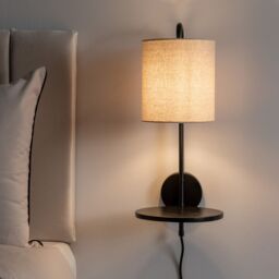 ValueLights Ryan Natural Linen Lamp Shade Black Metal Wall with Black Wood Shelf