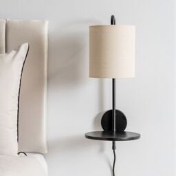 ValueLights Ryan Natural Linen Lamp Shade Black Metal Wall with Black Wood Shelf - thumbnail 3
