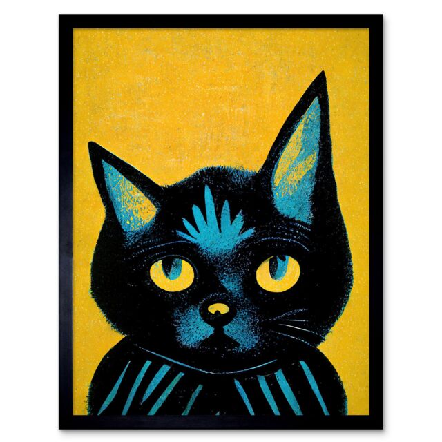 "Artery8 Quirky Bold Black Cat Yellow Blue Home Decor 12x16"" Framed Art Print - Size: W12"" x H16""" - image 1