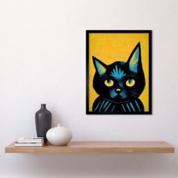 "Artery8 Quirky Bold Black Cat Yellow Blue Home Decor 12x16"" Framed Art Print - Size: W12"" x H16""" - thumbnail 2