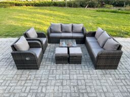 Fimous High Back Rattan Garden Furniture Set with Square Coffee Table 2 Small Footstools Indoor Outdoor Patio Lounge Sofa Set Dark Grey Mixed - thumbnail 2