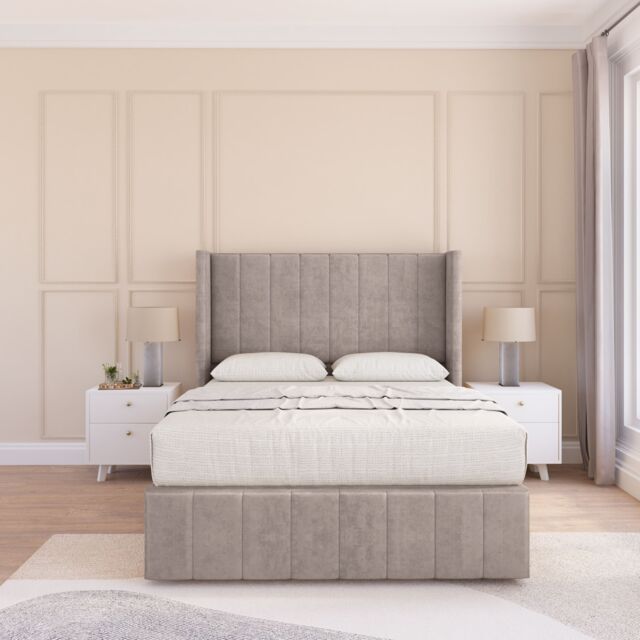 "Sloomy Melbourne Plush Wingback Bed Set, No Drawers & 54"" Floor Standing Headboard in Stone - Size: Small Single" - image 1