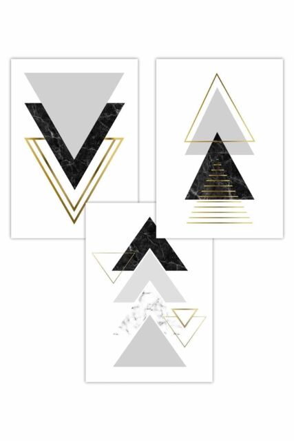 ARTZE Set of 3 Black Grey Geometric Triangle Set Art Posters in Mid Grey - Size: W50 cm x H70 cm - image 1