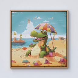 "Warren Reed - Designer A Crocodile On A Beach Holiday Framed Canvas in Light Brown - Size: W16"" x H16""" - thumbnail 1