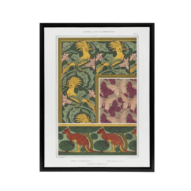 "Artery8 Birds Butterflies Kangaroo Pattern Framed Canvas Wall Art Print Verneuil in Green - Size: W12"" x H16""" - image 1