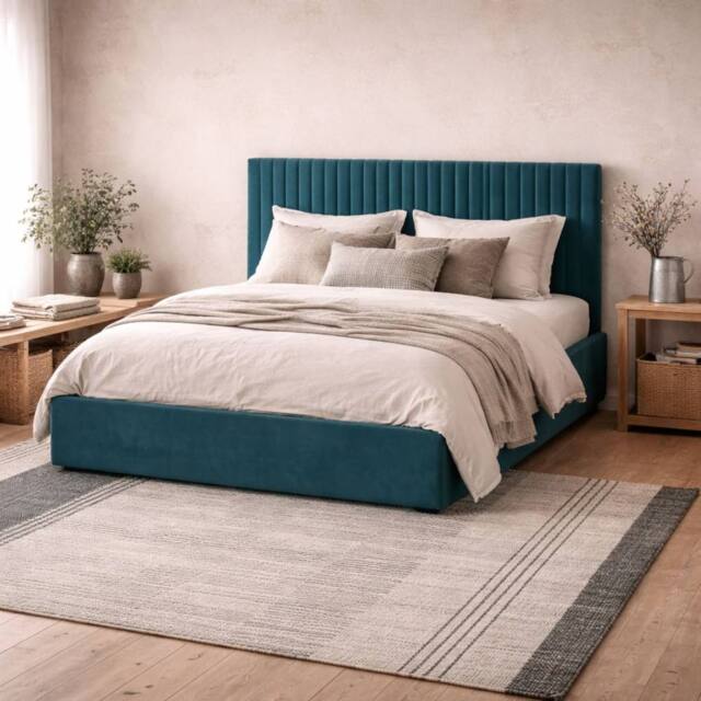 Wyld Haus Dublin Teal Velvet 4ft6 Double Ottoman Bed with Ribbed Headboard - image 1