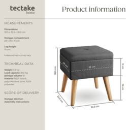 tectake Stool Elva - Padded, Linen Look With Storage Space in Dark Grey - thumbnail 6