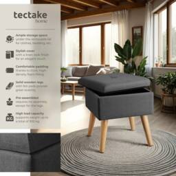 tectake Stool Elva - Padded, Linen Look With Storage Space in Dark Grey - thumbnail 2