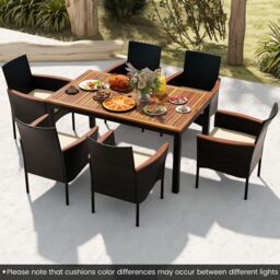 Gymax 7 Pieces PE Rattan Outdoor Patio Dining Set With 6 Stackable Chairs in Brown - thumbnail 3