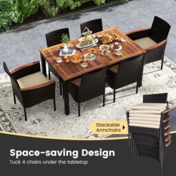 Gymax 7 Pieces PE Rattan Outdoor Patio Dining Set With 6 Stackable Chairs in Brown - thumbnail 8
