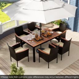 Gymax 7 Pieces PE Rattan Outdoor Patio Dining Set With 6 Stackable Chairs in Brown - thumbnail 5