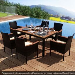 Gymax 7 Pieces PE Rattan Outdoor Patio Dining Set With 6 Stackable Chairs in Brown - thumbnail 4