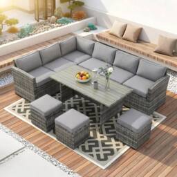 Alivio 9-Seater Outdoor Rattan Patio Furniture Sofa Set with Dining Table, Cushion & Stools in Grey - thumbnail 1