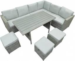 Alivio 9-Seater Outdoor Rattan Patio Furniture Sofa Set with Dining Table, Cushion & Stools in Grey - thumbnail 6