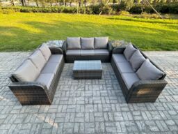 Fimous Rattan Lounge Sofa Set 9 Seater Outdoor Garden Furniture Set with Rectangular Coffee Table 3 Seater Sofa 2 Side Tables in Dark Grey - thumbnail 1