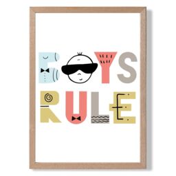 ARTZE Cute Boys Rule Scandi Quote Framed Print SIZE: A4 with Oak Frame in Pale Blue