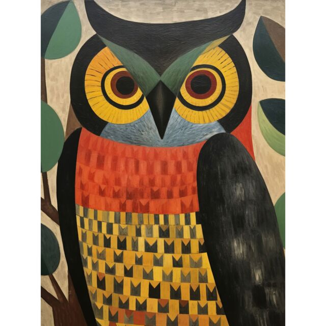 "Artery8 Wall Art Print Folk Art Geometric Owl Boho Colours Yellow Coral Green Bold but Subtle Artwork Poster - Size: W12"" x H16""" - image 1