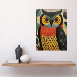"Artery8 Wall Art Print Folk Art Geometric Owl Boho Colours Yellow Coral Green Bold but Subtle Artwork Poster - Size: W12"" x H16""" - thumbnail 2